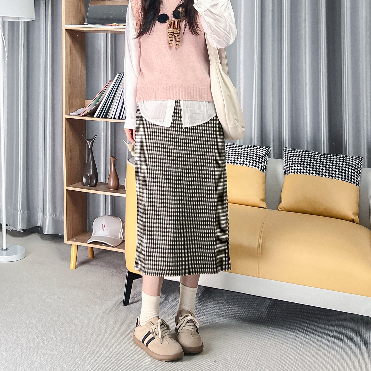 咖格半身裙直筒中长款复古显瘦