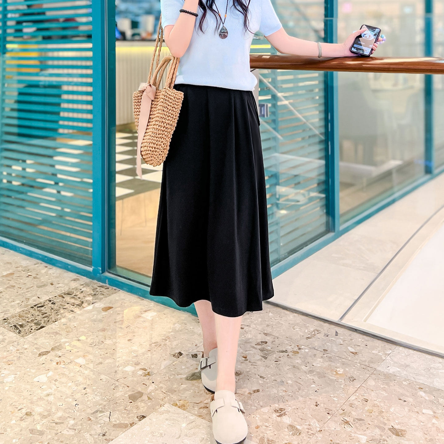 黑色半身裙女夏季中长款高腰大码复古风遮胯显瘦插袋宽松a字长裙