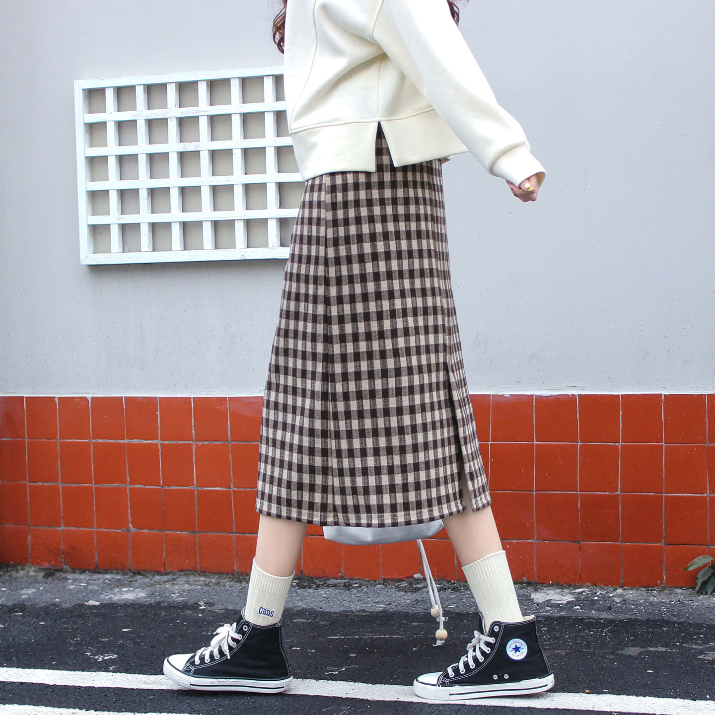 格子半身裙女秋冬中长款复古长裙