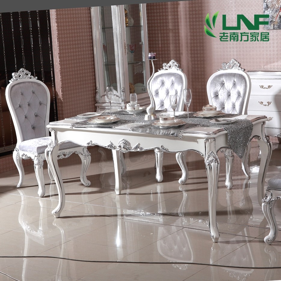 新古典实木长餐桌组合 欧式简约白色烤漆餐桌 订做酒桌饭桌银箔