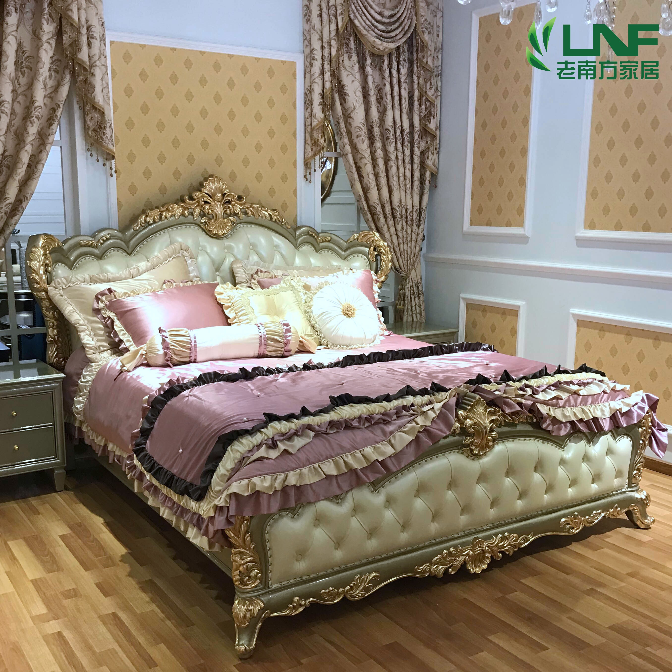 欧式豪华实木双人床新古典奢华金箔橡木双面雕现货真皮床公主婚床