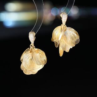 锆石s925耳饰轻奢后超仙法式时尚银针设计挂式耳环花瓣大小众拉丝