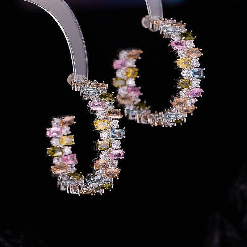 糖果色重工耳扣圆环耳饰锆石奢华彩色镶嵌女耳环s925大气圈夸张圈