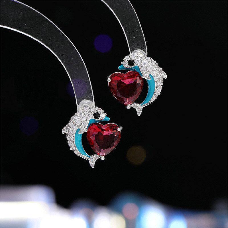 海豚爱心创意耳环日常百搭银针时尚耳钉欧美小巧精致通勤s925个性