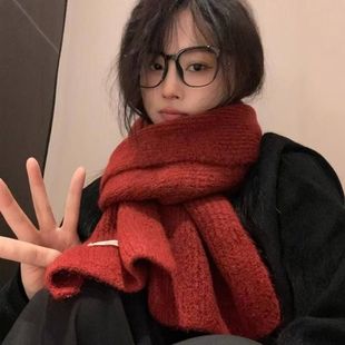 百搭高级感纯色保暖情侣 针织毛线围脖红色韩版 围巾女冬季 2024新款