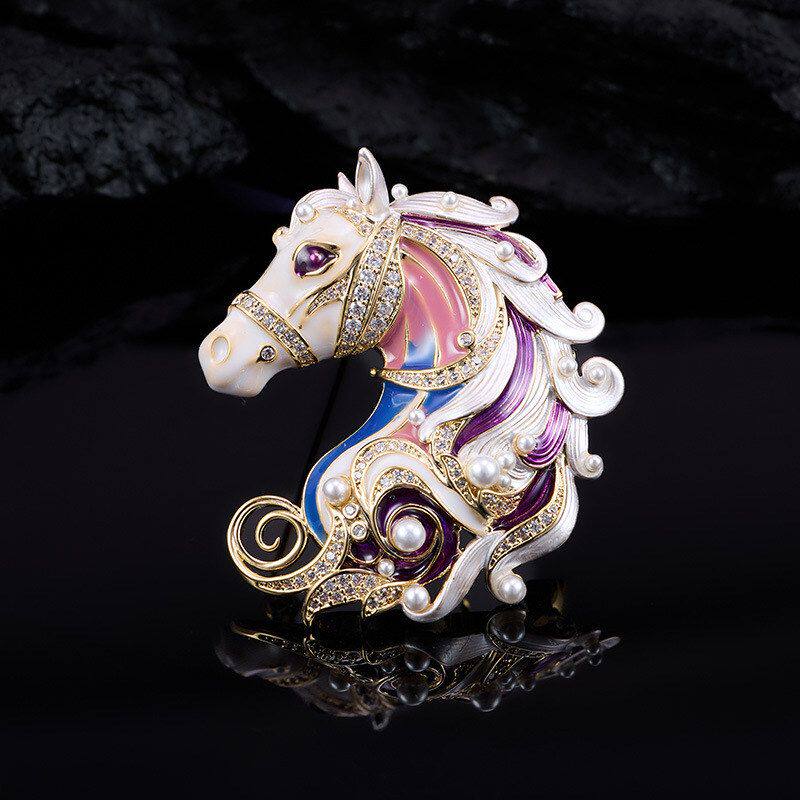 西装批发女礼物大气珍珠配饰彩金马胸针珐琅别针马年高端大衣胸花