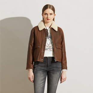 MCS女士合身版复古皮衣翻毛领短款皮夹克真皮外套冬款CW22WJ785W