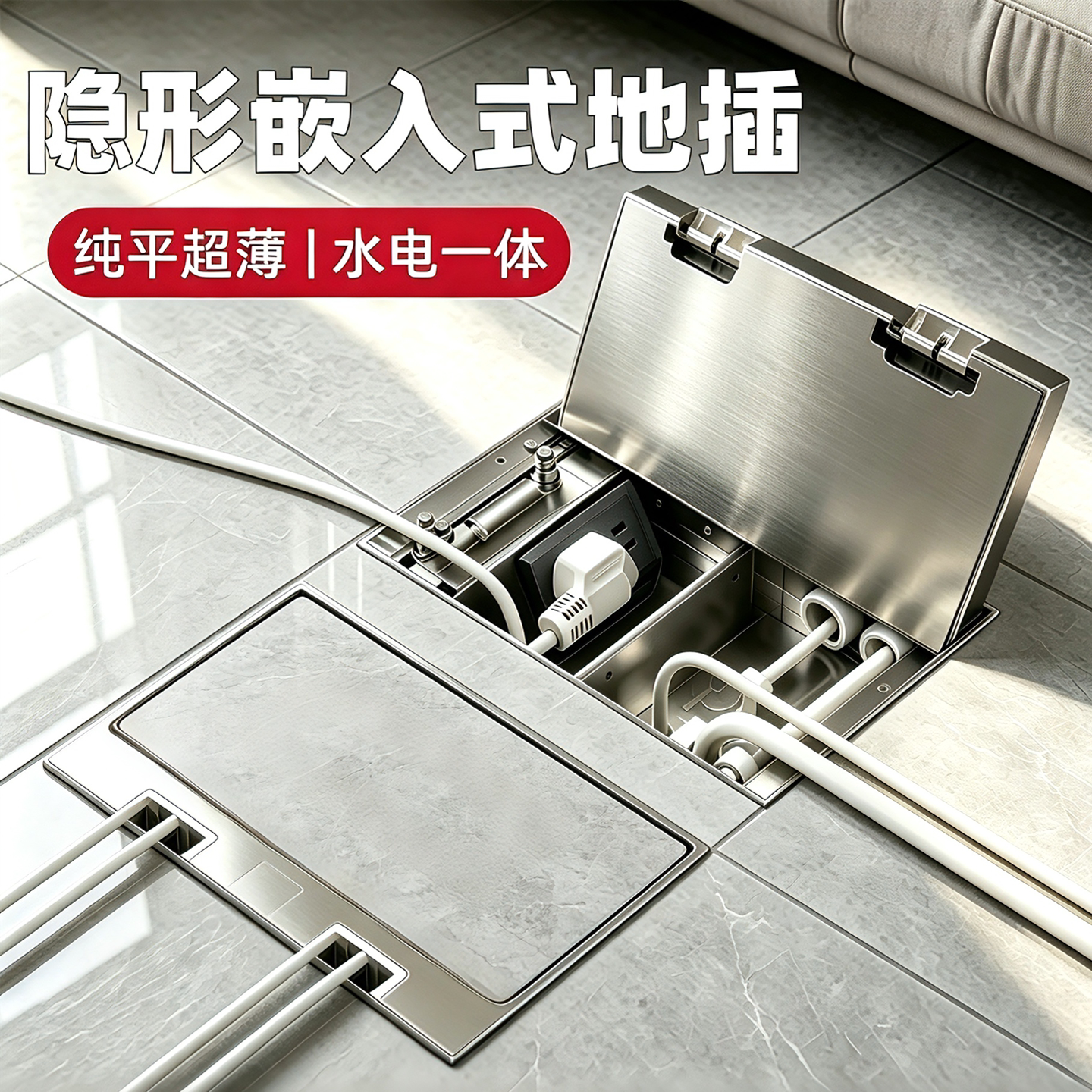 嵌入式隐形地插净水器水电一体超薄地面插座茶台排水不锈钢地插座