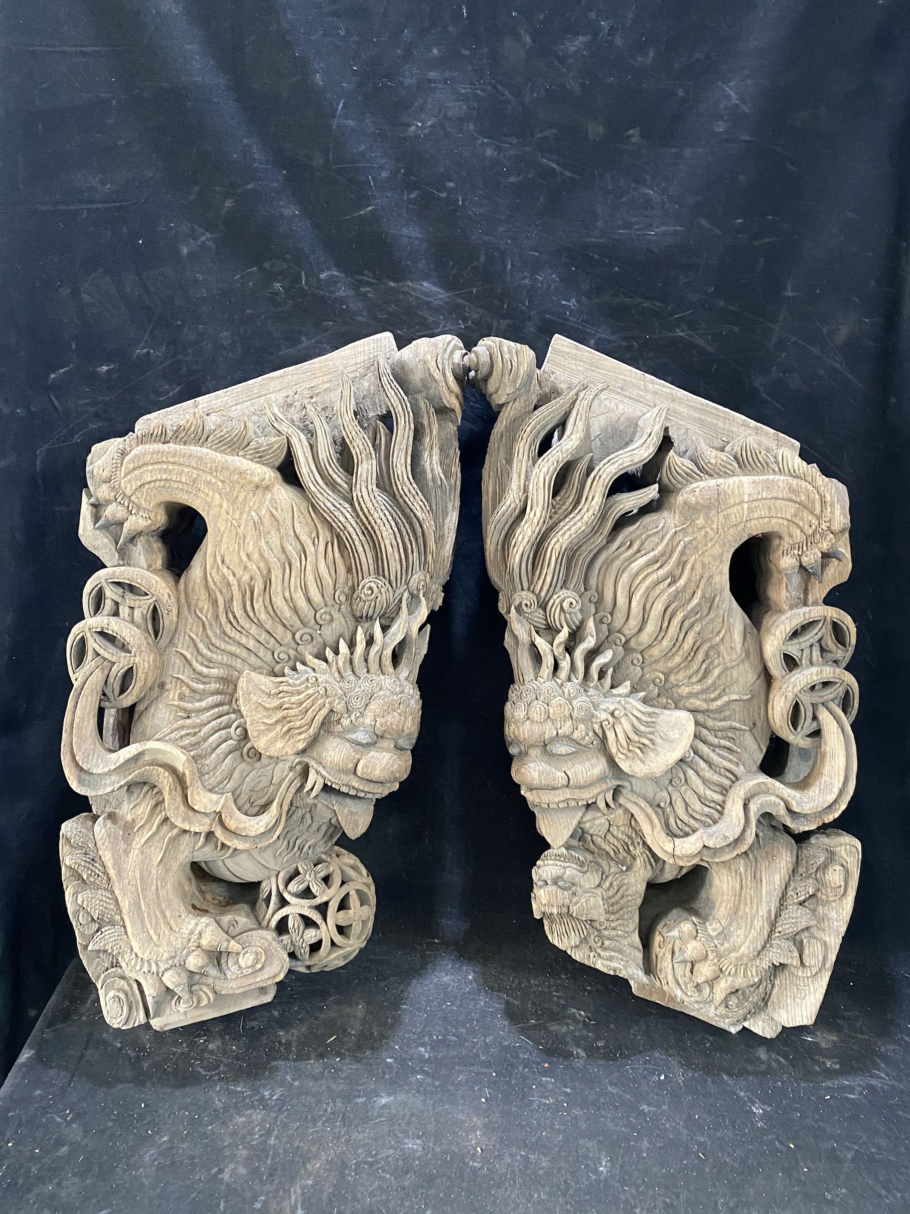 清代东阳工狮子木雕牛腿一对 老物件古玩古董收藏摆件摆设茶馆