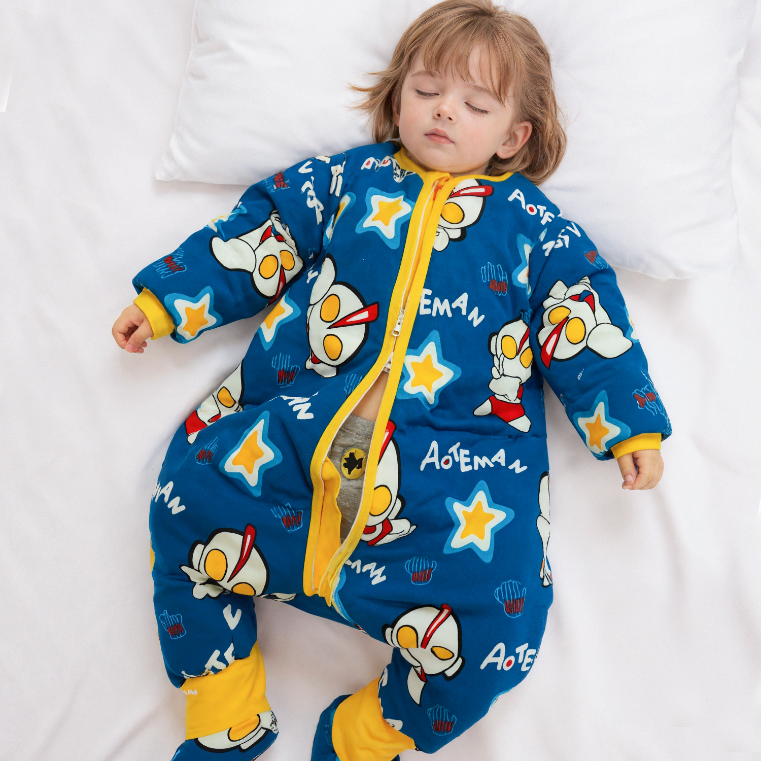 超人豆豆春秋冬奥特曼纯棉防踢被夹棉可拆袖分腿睡袋中大童四季款