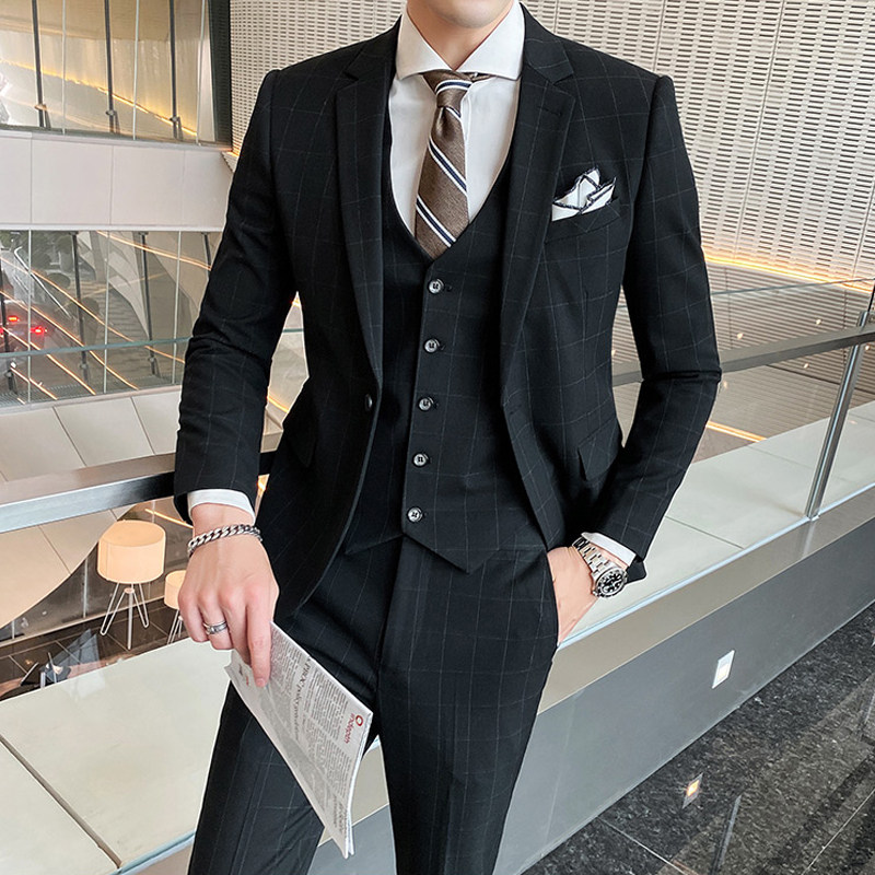 小码格子s号三件套新郎结婚礼服