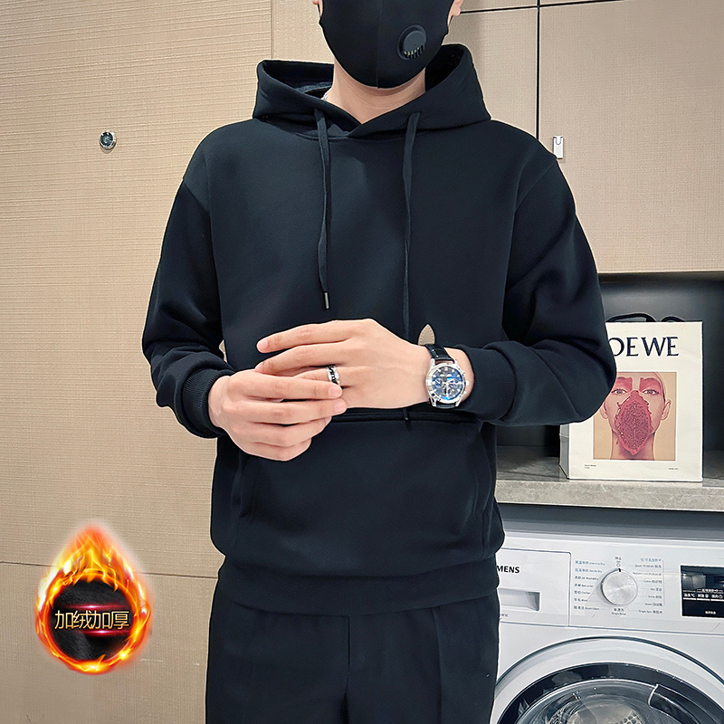 155小码男装冬季加绒加厚连帽卫衣男矮个子纯色套头S号XS修身外套