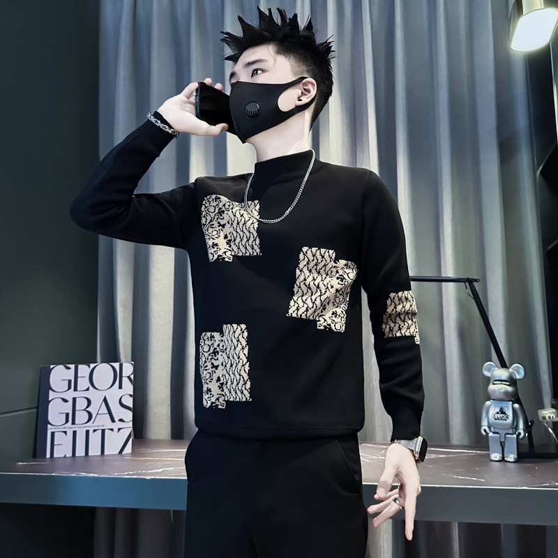 矮小个子半高领针织衫男潮流提花