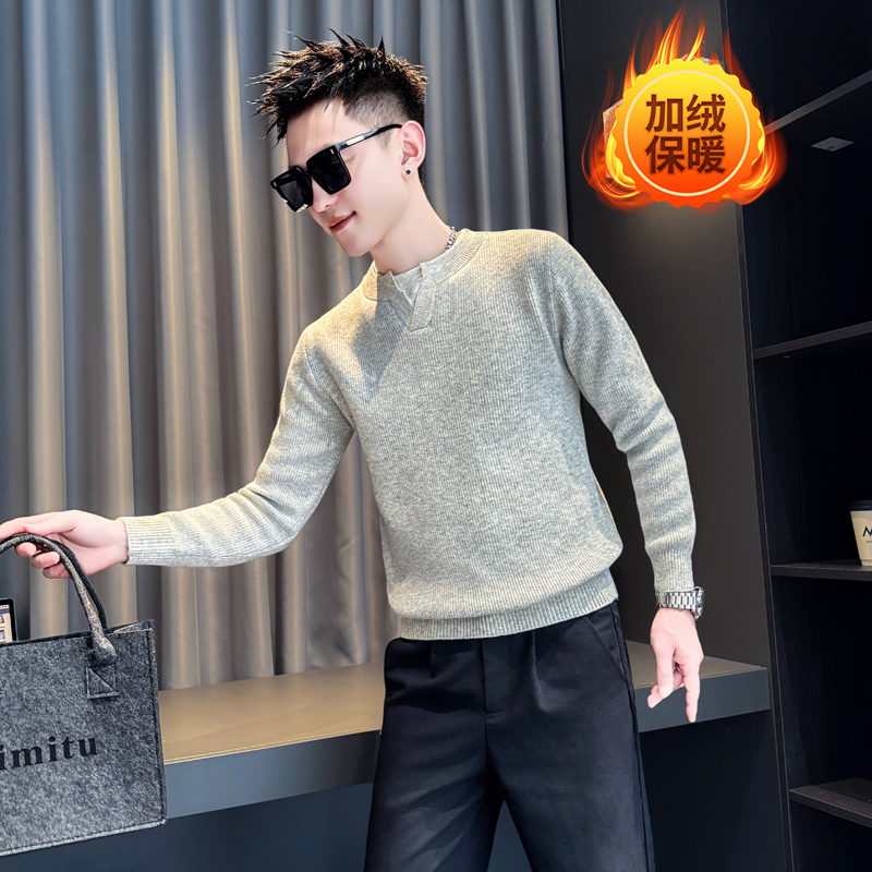XS号小码男装秋冬加绒加厚毛衣简约假两件针织衫矮个子纯色打底衫