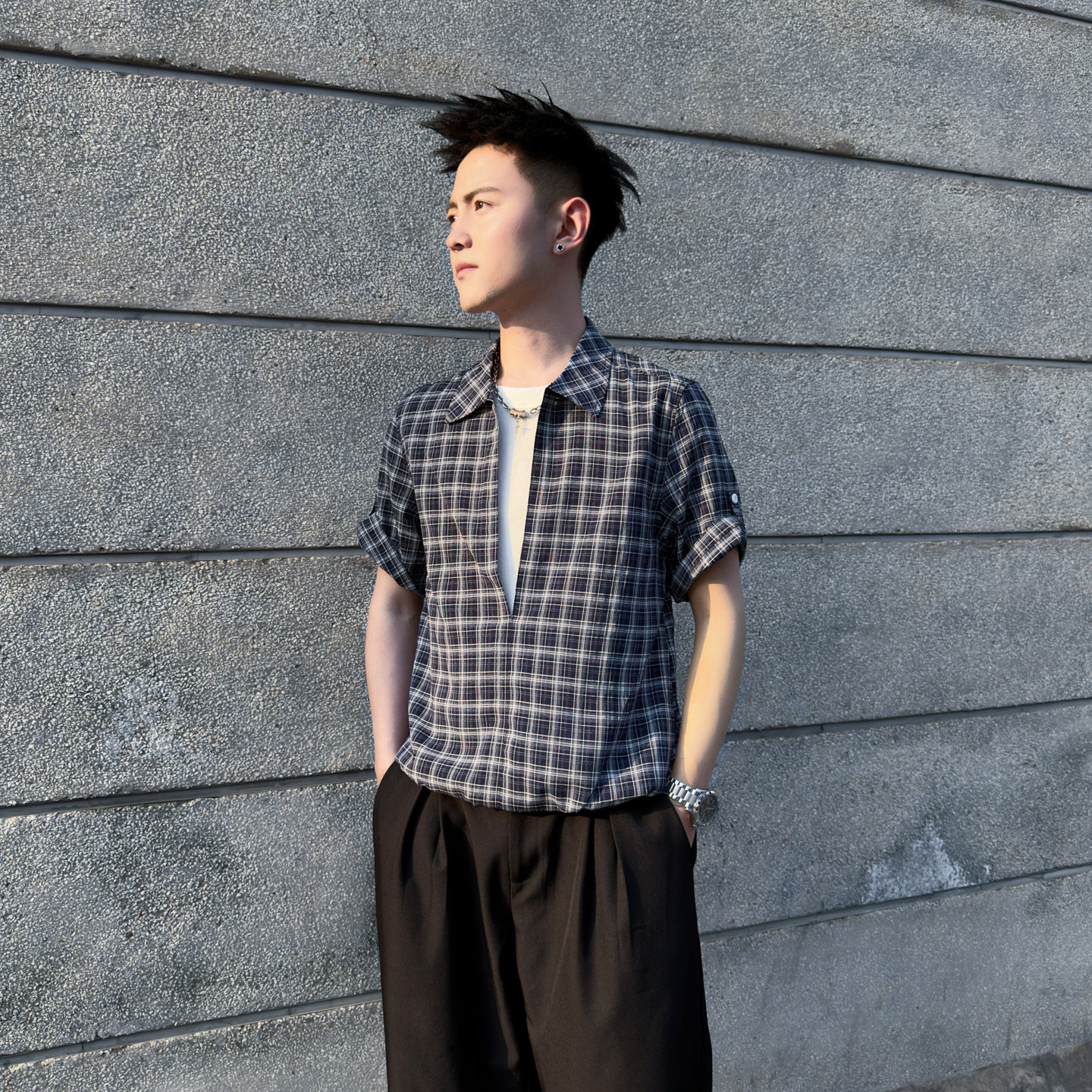 小个子小码男士格子短袖衬衫