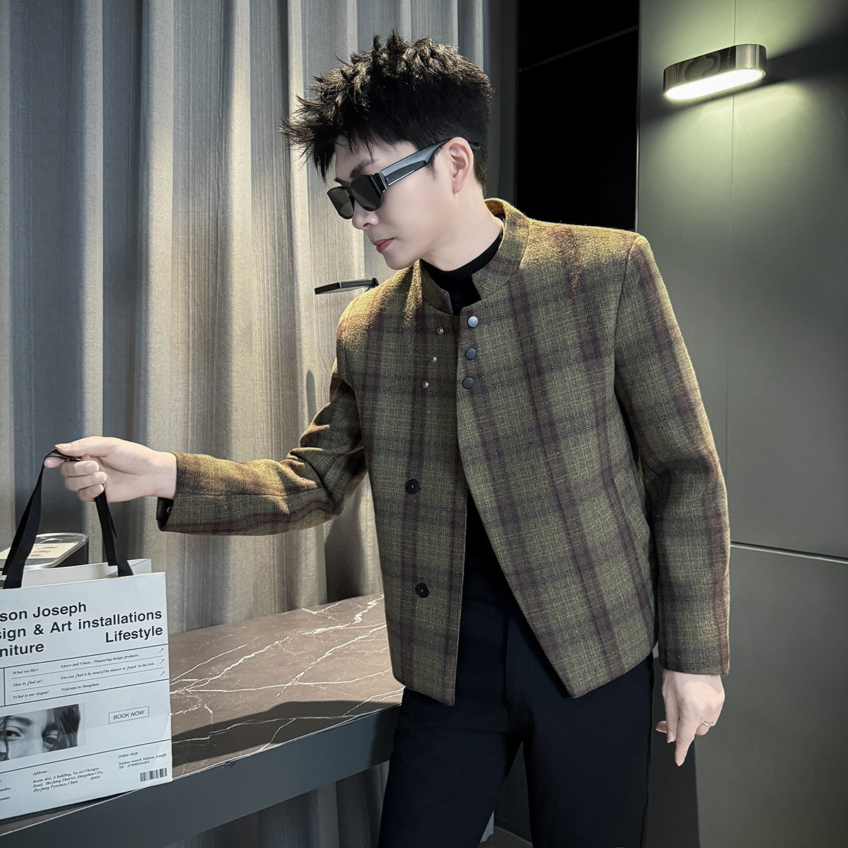秋季小个子男立领修身毛呢夹克