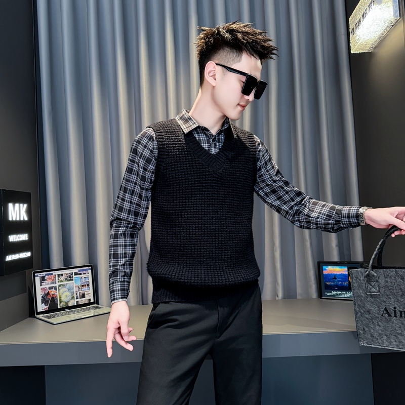 小码男装衬衫领针织衫男潮流格子拼接假两件毛衣矮个子XS号打底衫