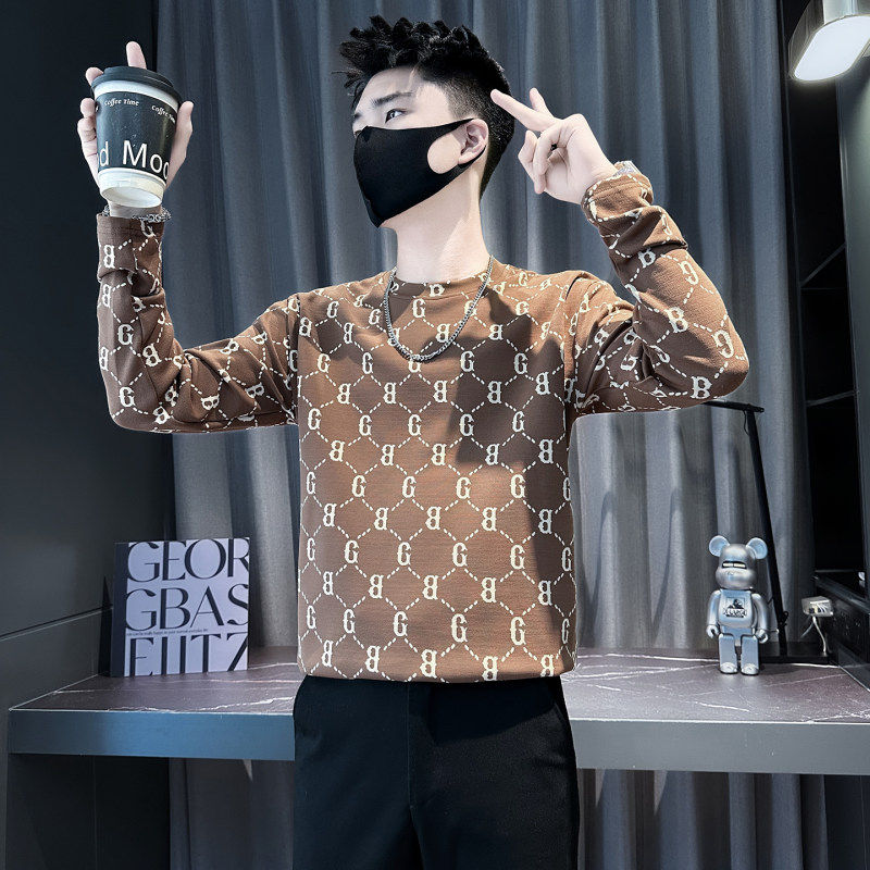 小码男装潮牌字母几何提花长袖T恤矮小个子修身体恤S号XS码打底衫