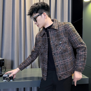 XS155矮个子潮流格子毛呢外套男秋冬修身夹克加厚短款S号小码上衣