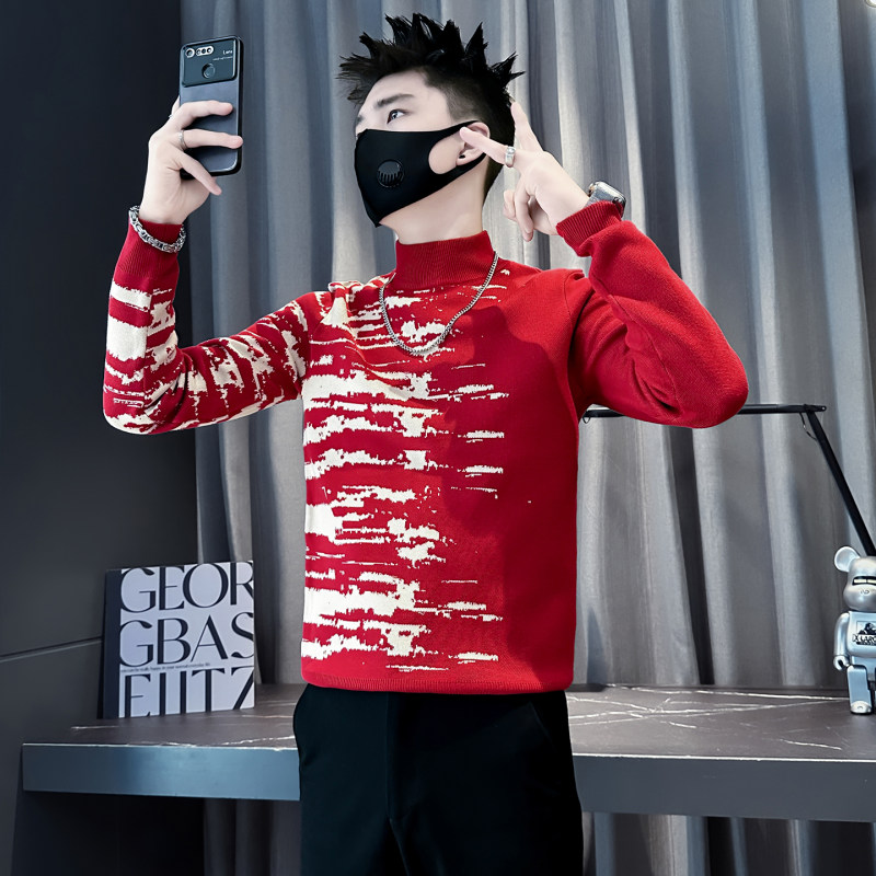 小码男装秋冬潮流红色半高领毛衣