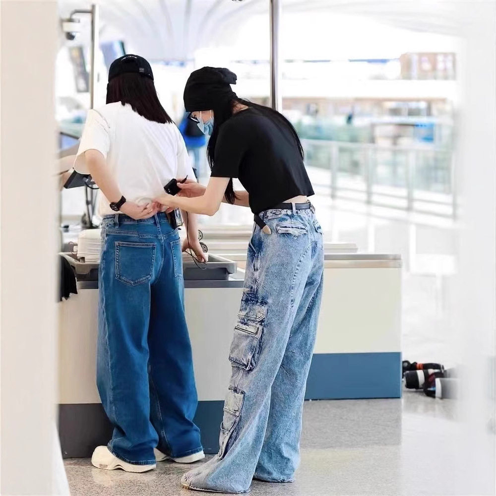 现货孟子仪迪丽热吧同款美式多口袋工装牛仔裤女复古阔腿直筒长裤