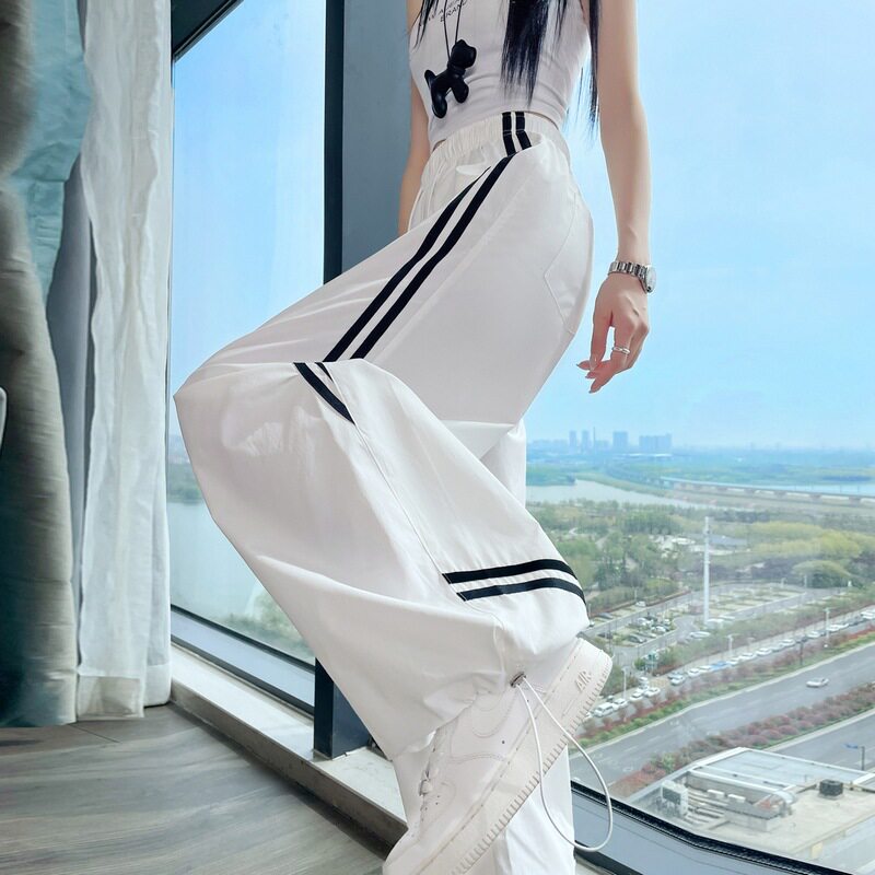 实拍2026夏季新款冰丝高腰速干工装裤束脚阔腿两穿休闲运动裤女