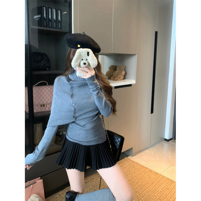 实拍实价 高领披肩斗篷针织衫两件套女慵懒感秋冬毛衣上衣