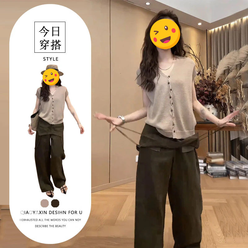 单件/流行遮胯显瘦女2026夏季新款单排扣v领上衣设计感遮胯裤子潮