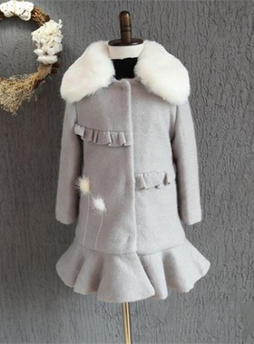 秋冬款韩版童洋装女童灰色羊毛大衣宝宝毛呢大衣儿童加厚夹棉外套