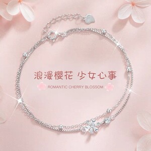 s925纯银双层樱花手链女韩版简约小香风个性锆石花朵手饰