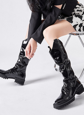 不退不换介意勿拍 秋冬真皮褶皱厚底英伦长靴女漆皮骑士靴马丁靴