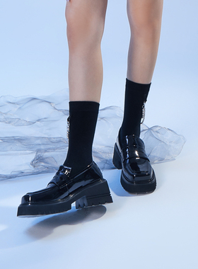 设计师品牌青春系列真皮圆头漆皮单鞋女2022新款厚底真皮乐福鞋女