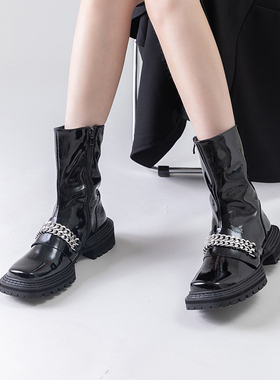 不退不换介意勿拍 真皮金属链条厚底方头马丁靴女漆皮潮骑士靴