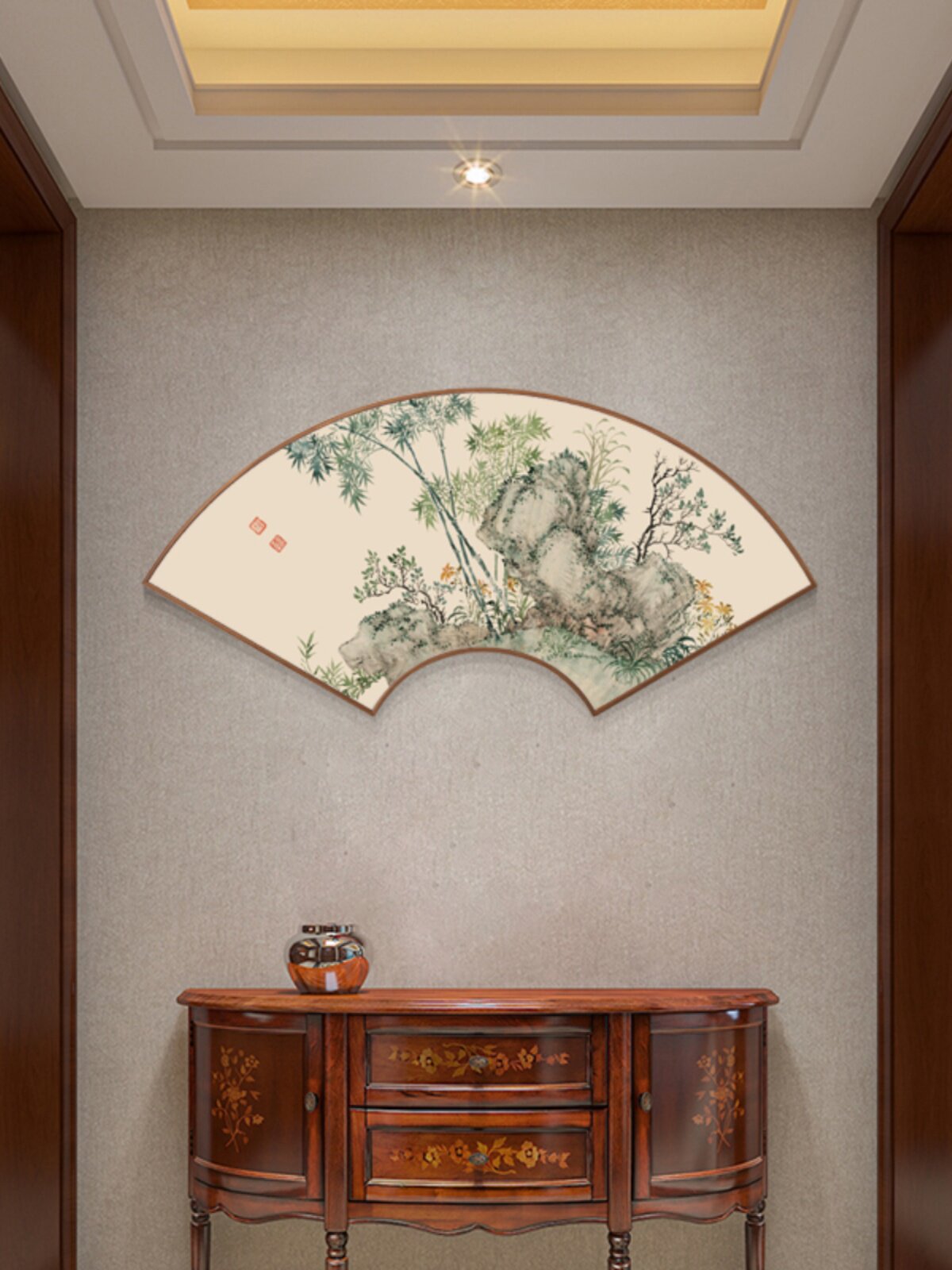 花卉绿竹子新中式扇形装饰画玄关挂画客厅餐厅壁画异形画走廊书房