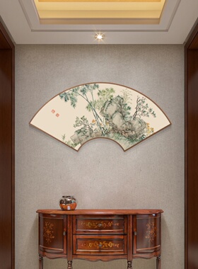 花卉绿竹子新中式扇形装饰画玄关挂画客厅餐厅壁画异形画走廊书房