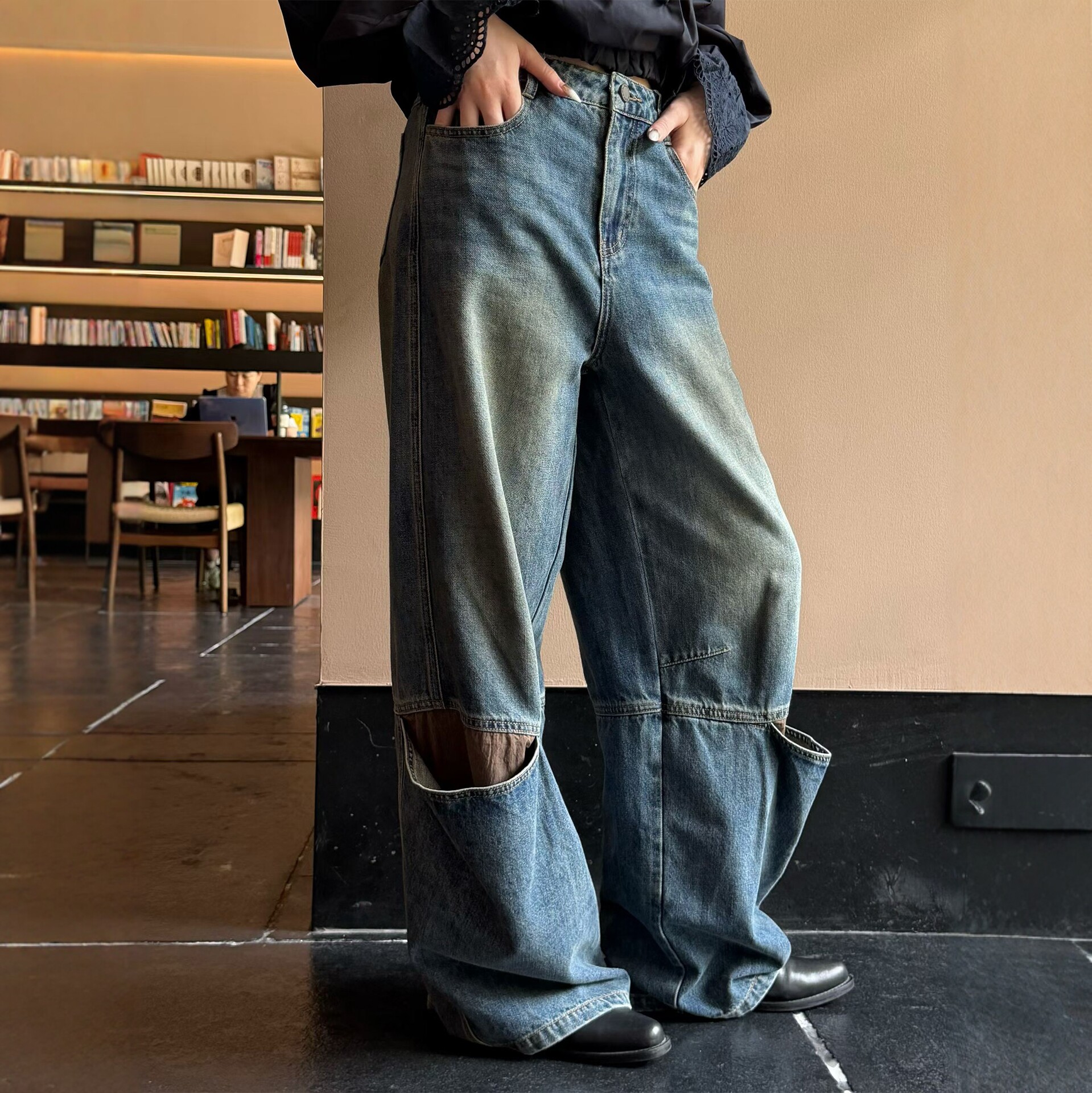Qian.J南油欧货2026秋季街头风分割阔腿牛仔裤做旧水洗高腰拖地裤