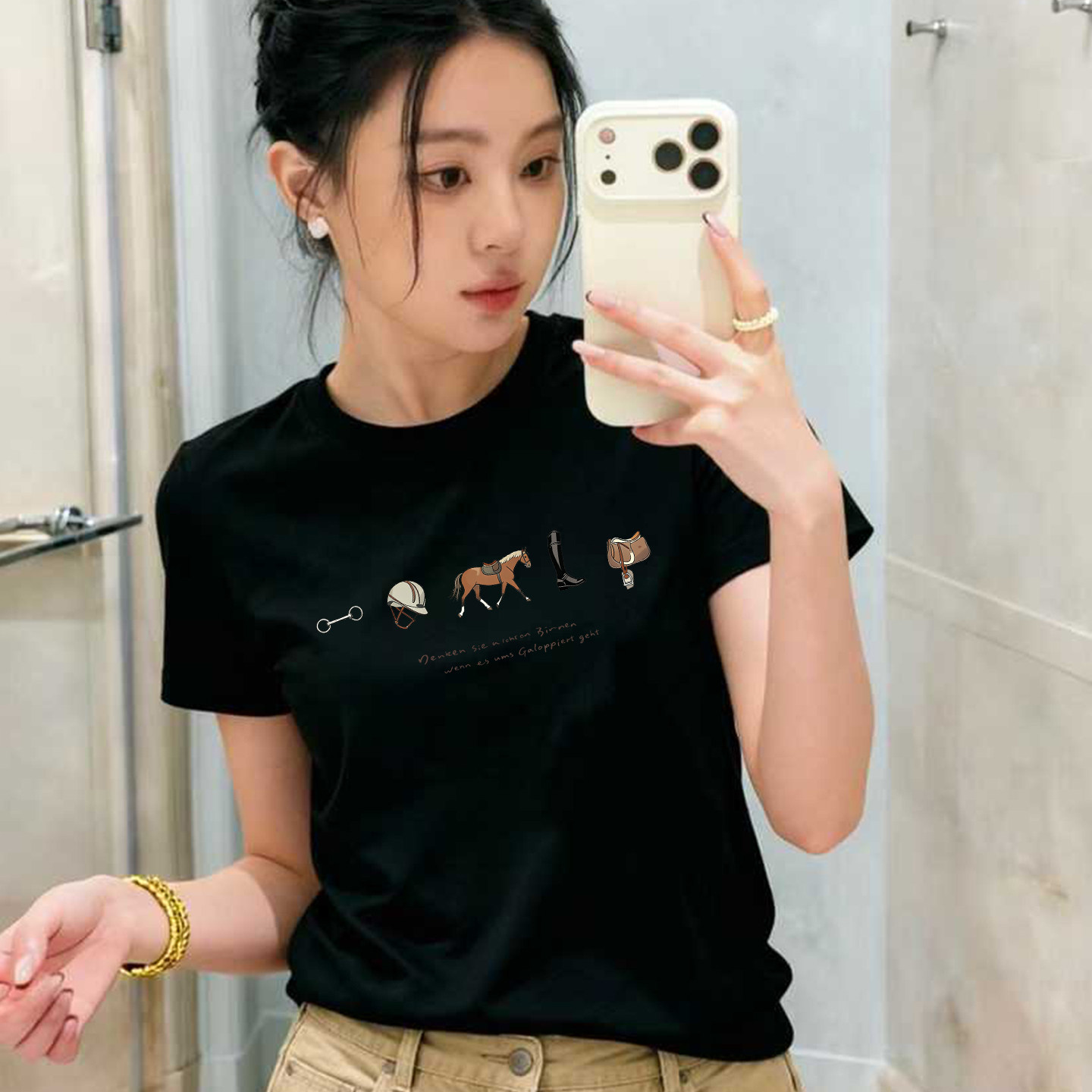 南油欧货2026夏季时尚图案印花短袖T恤女修身简约圆领百搭上衣潮