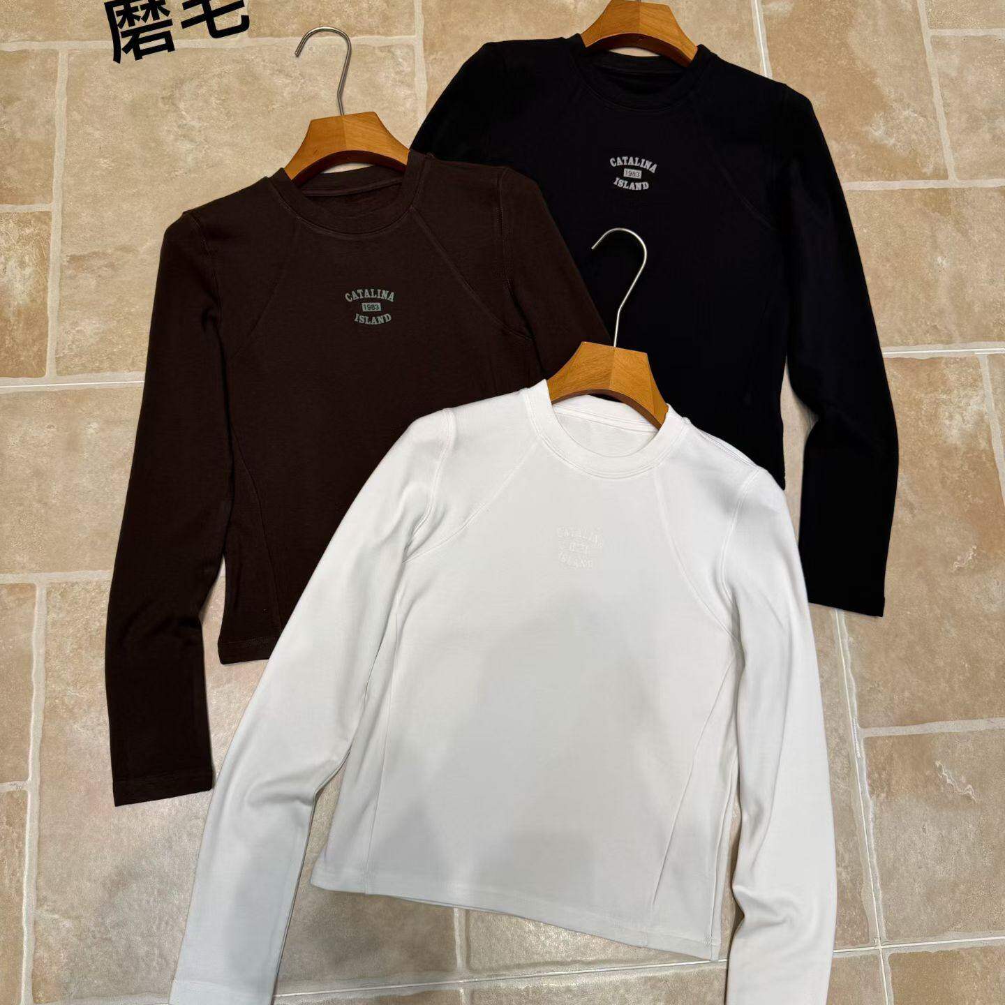 南油欧货2026秋冬美式字母印花磨毛长袖T恤圆领修身显瘦打底上衣