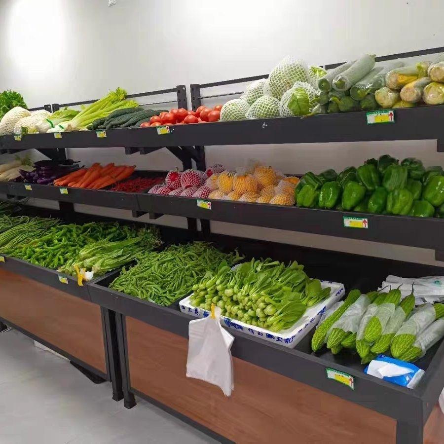 超市蔬菜水果货架子双层展示架水果店生鲜架商用中岛柜升降平台架