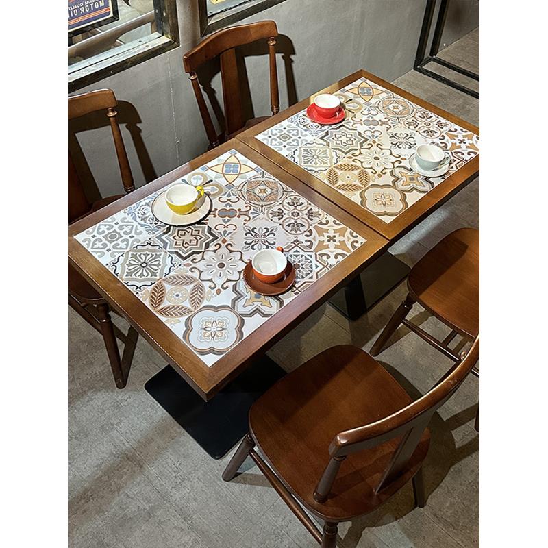 咖啡厅桌椅实木组合美式复古餐饮火锅糖水甜品店西餐厅方形桌商用