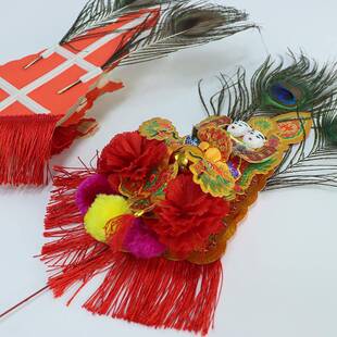 金花闪金凤尾雀尾手工花红潮汕羽毛插香炉拜老爷神位神台用品