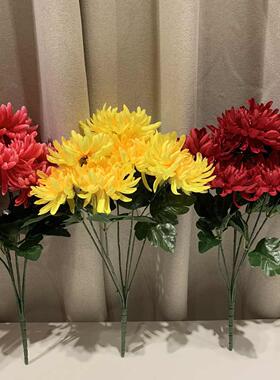 清明节扫墓碑摆放菊花假花上坟祭奠大朵7头把束白黄色菊花工程花