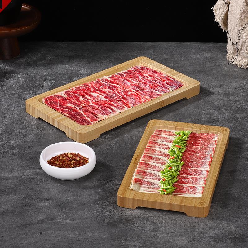 创意竹木长方盘铜锅涮肉鲜切羊肉卷盘子潮汕牛肉火锅鲜切吊龙盘子