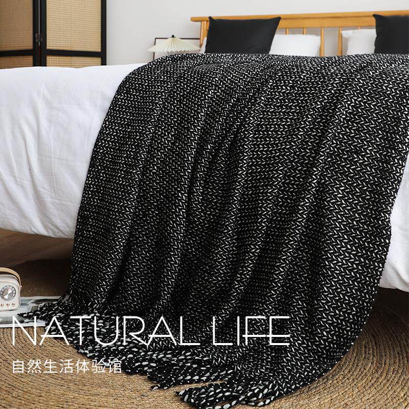 黑色夹花麦穗针织毛毯酒店民宿专用床尾巾床尾毯沙发毯子