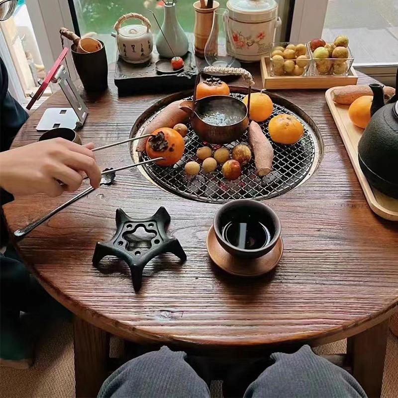 围炉煮茶烧烤一体桌榆木茶几实木桌小圆桌饭桌矮桌户外桌取暖庭院