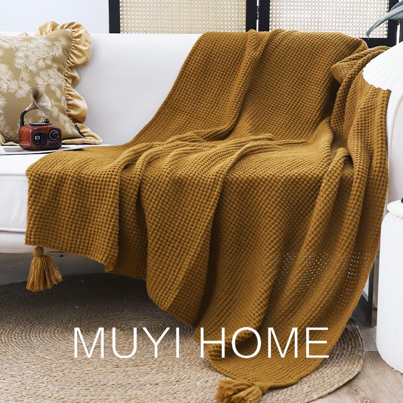 复古棕咖色加厚大吊穗针织休闲毯中古风棕咖色沙发毯盖毯床尾毯子