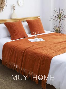 橙色系针织毯沙发毯子盖毯午睡毯民宿床旗床尾巾网红装饰毯