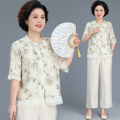 妈妈夏装棉麻套装新中式国风上衣