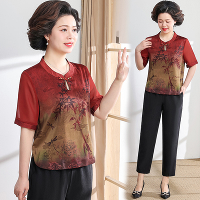 母亲节国风妈妈夏季套装中式真丝