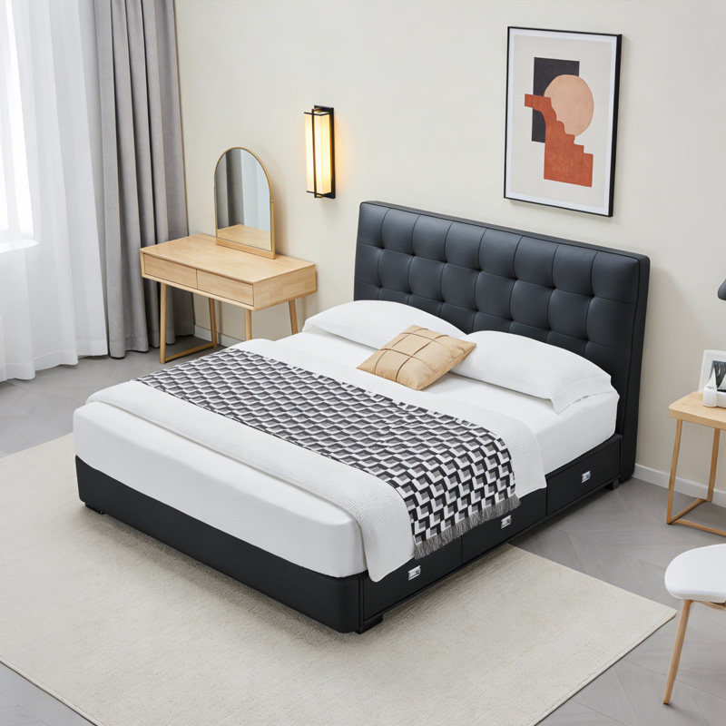 真皮床新潮黑色皮艺床双人床现代简约主卧大床高箱储物床头软包床